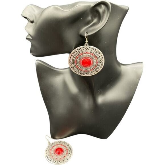 Bohemian Vintage-Style Silver & Red Statement Earrings - Picture 2 of 5